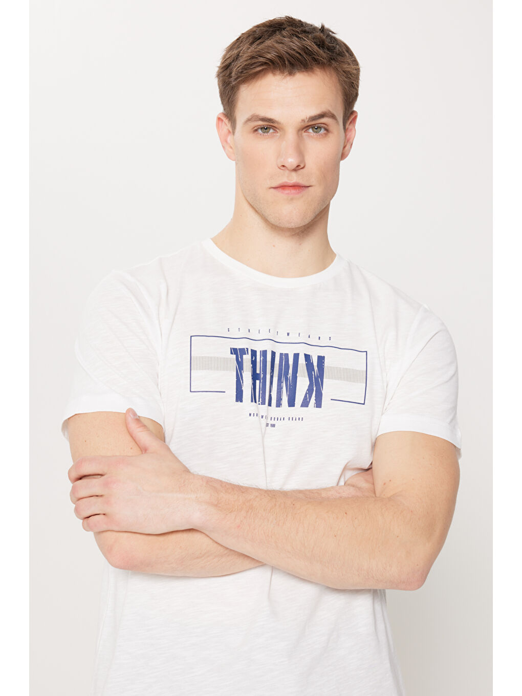 Erkek Ekru Standart Fit Normal Kesim Bisiklet Yaka Pamuklu Baskılı Pijama Takımı-3