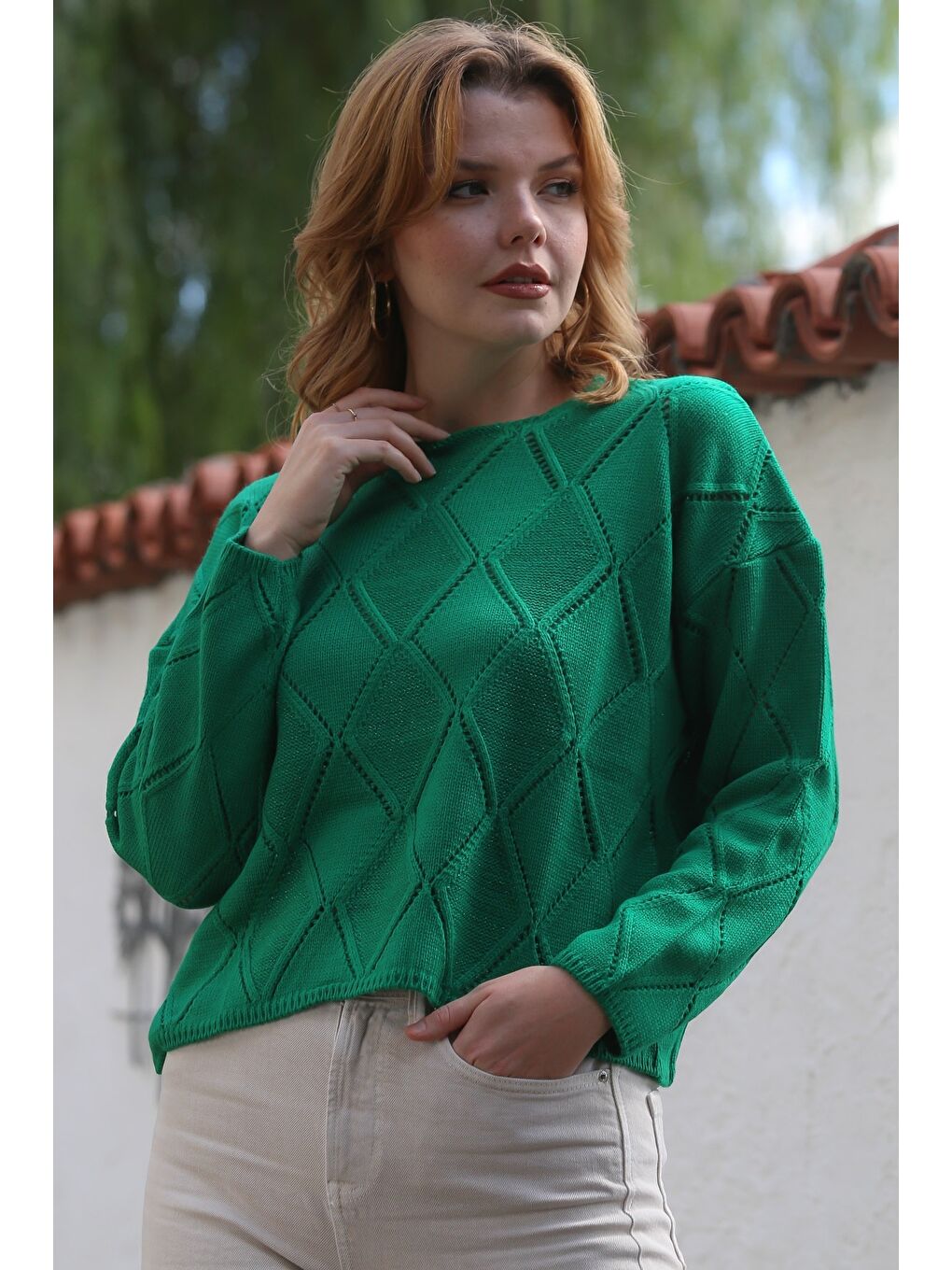 Yeşil Yuvarlak Yaka Uzun Kol Baklava Desenli Ajur Örgü Triko Kazak 55 62-3