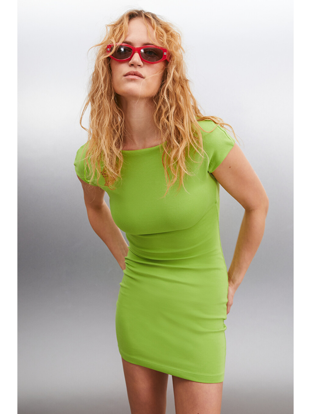 Arcene Kadın Organik Pamuklu Elastanlı Vücüdu Saran Bodycon Tek Parça Yeşil Elbise-4