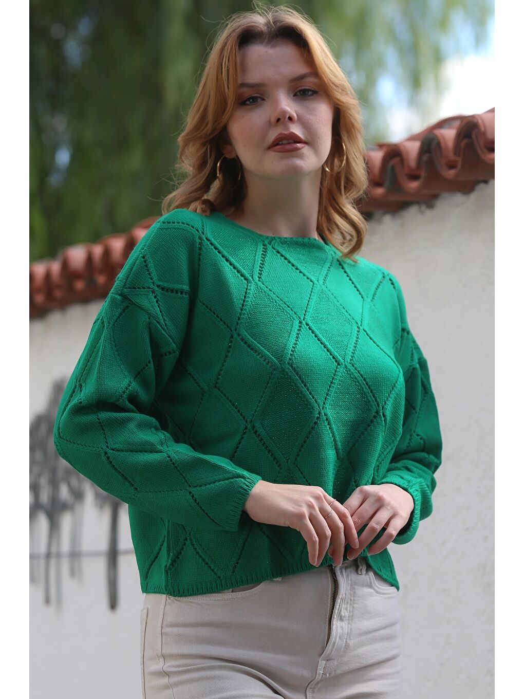 Yeşil Yuvarlak Yaka Uzun Kol Baklava Desenli Ajur Örgü Triko Kazak 55 62-4