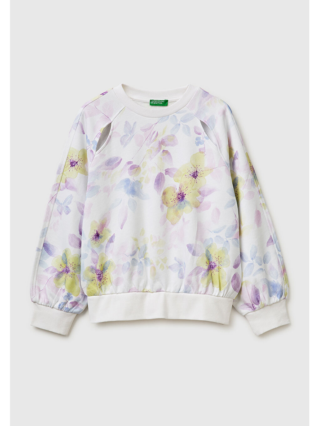 Kız Çocuk Ekru Önü Kesik Detaylı Baskılı Yuvarlak Yaka Sweatshirt