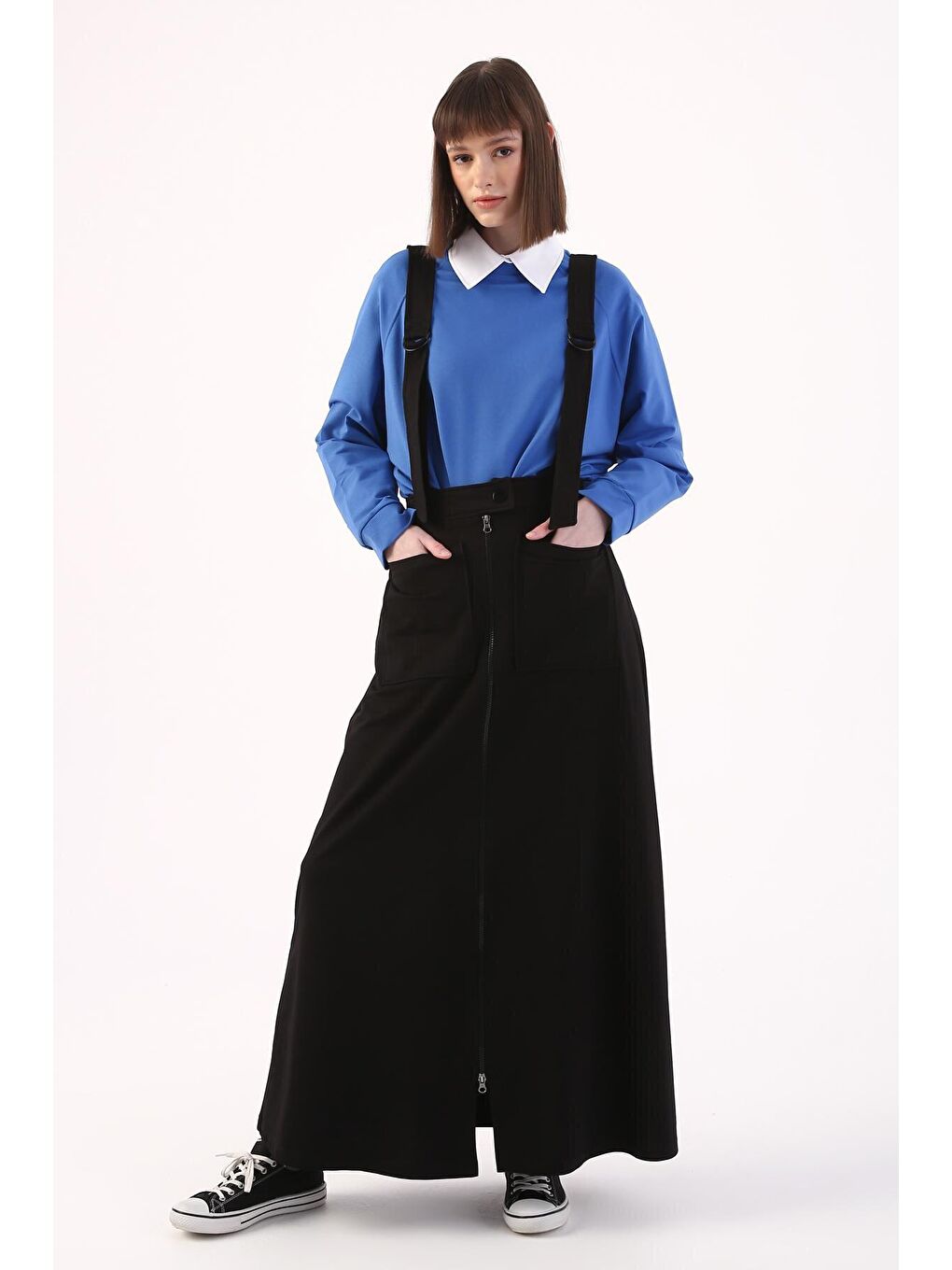 Siyah Askılı Cepli Fermuarlı Etek