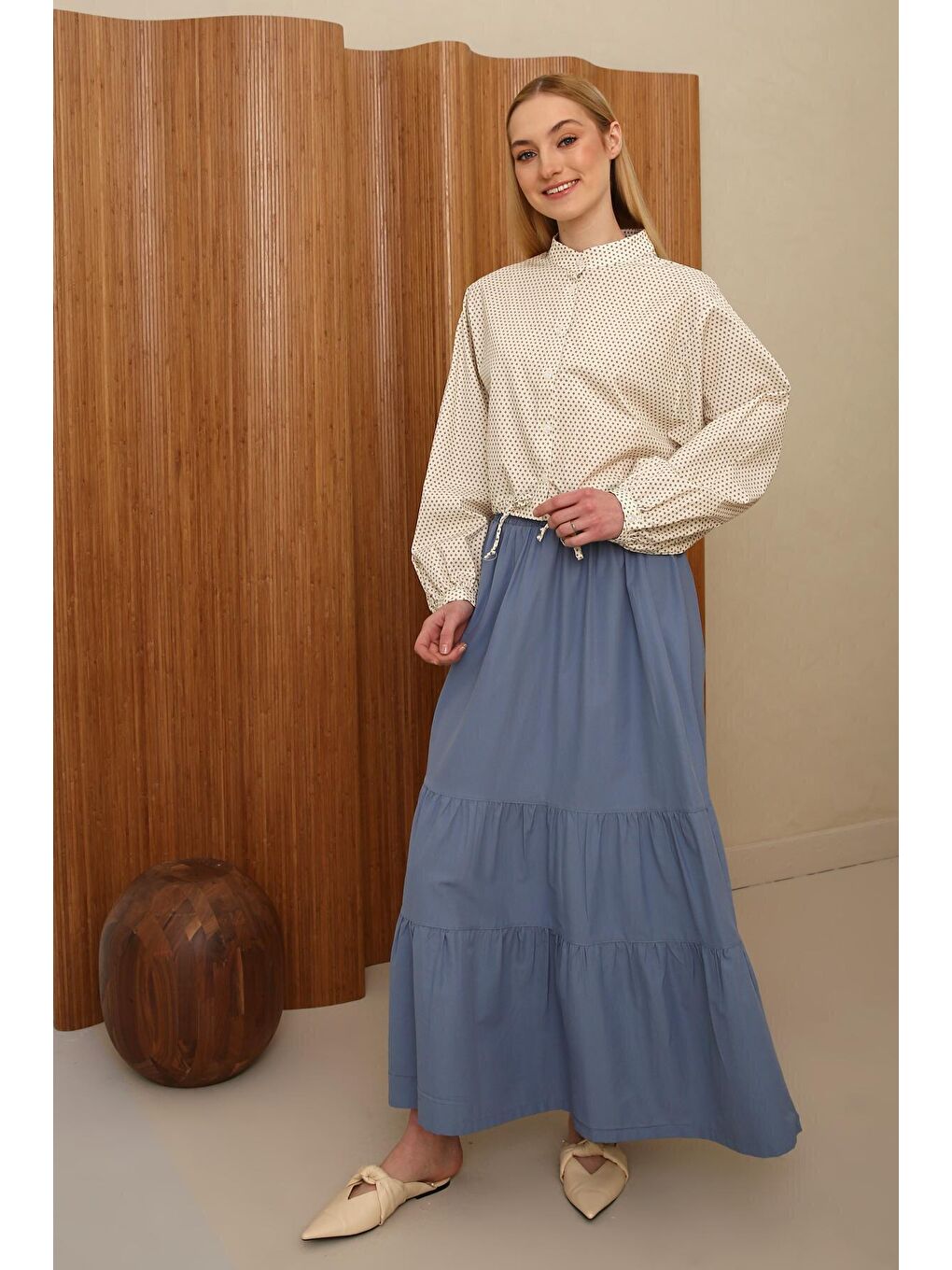 Mavi Gipe Detaylı Uzun Etek-1