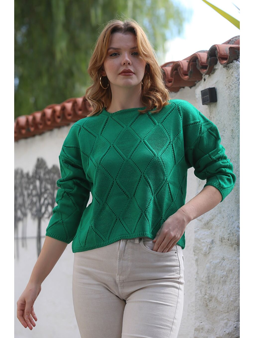 Yeşil Yuvarlak Yaka Uzun Kol Baklava Desenli Ajur Örgü Triko Kazak 55 62-5