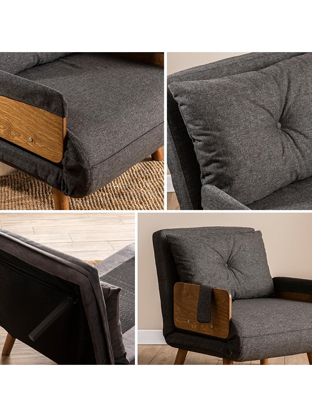 Cosmo Tekli Katlanır Yataklı Koltuk - Keten Koyu Gri-4