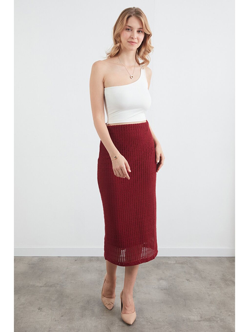 Bordo Basic Beli Lastikli Triko Etek