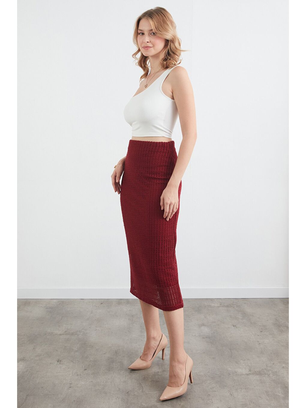 Bordo Basic Beli Lastikli Triko Etek-1