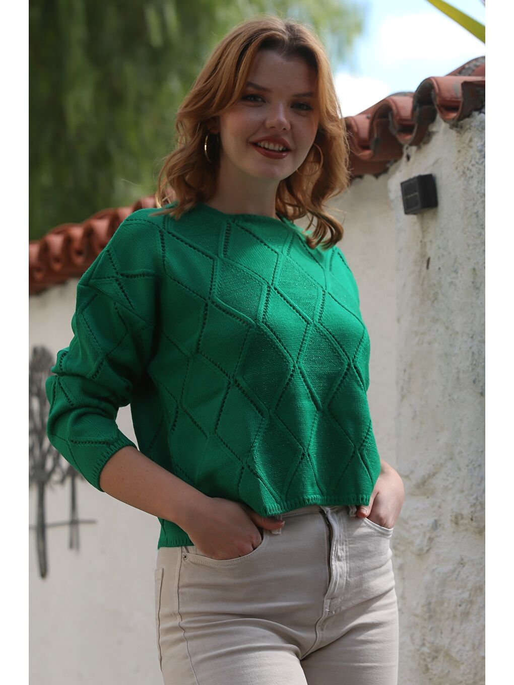 Yeşil Yuvarlak Yaka Uzun Kol Baklava Desenli Ajur Örgü Triko Kazak 55 62-6