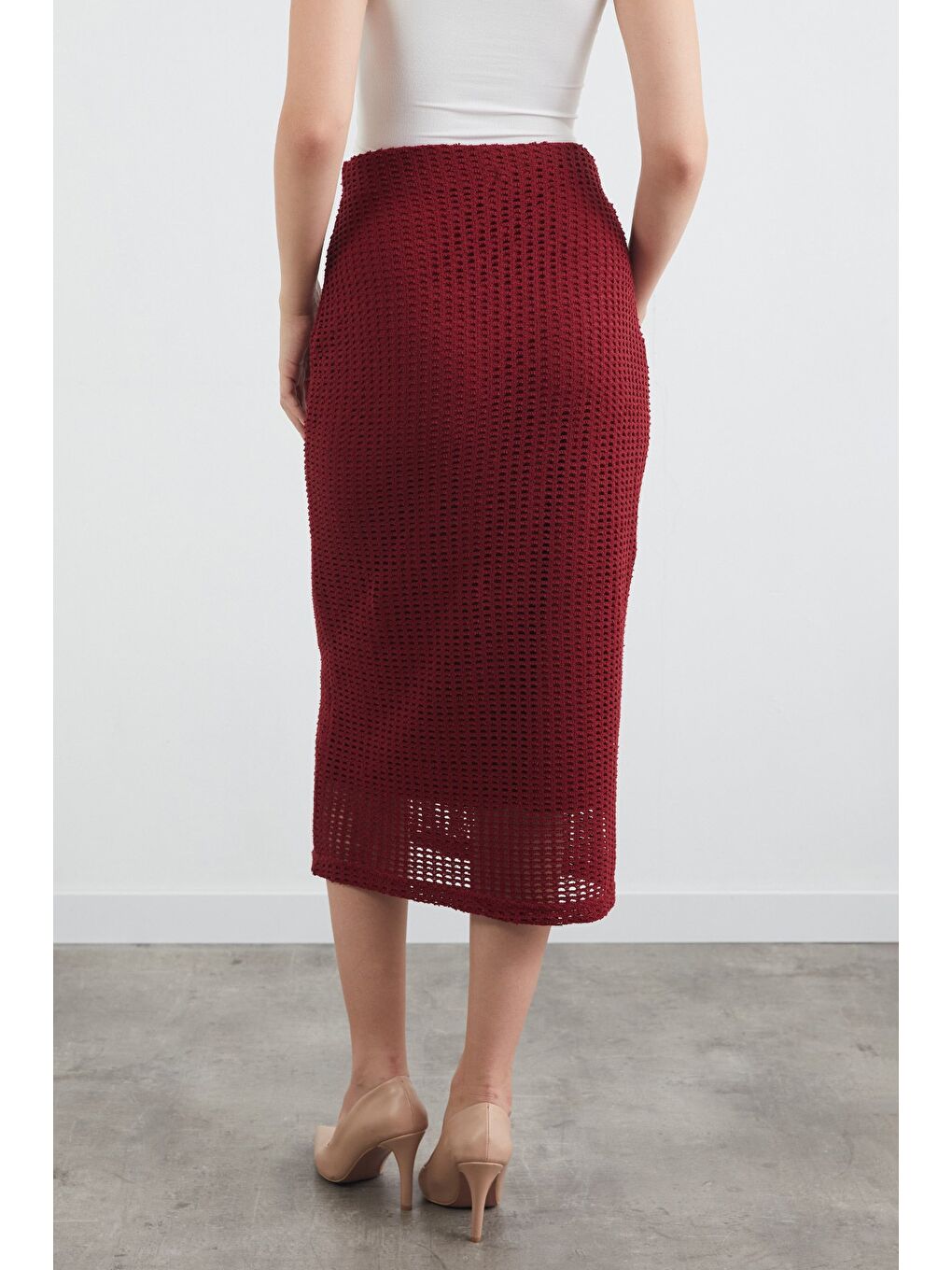 Bordo Basic Beli Lastikli Triko Etek-2