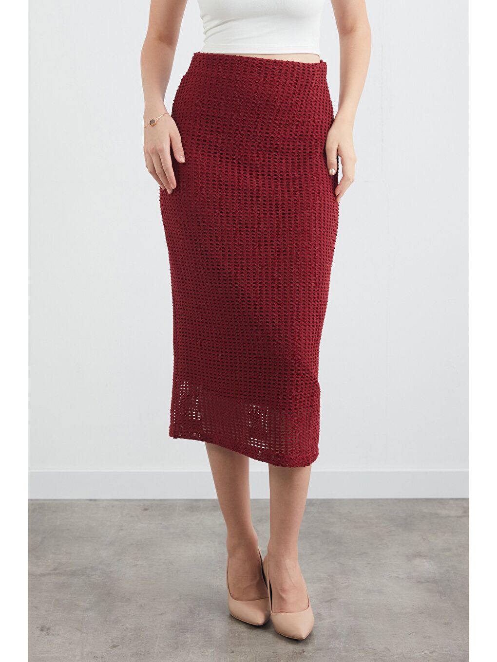 Bordo Basic Beli Lastikli Triko Etek-3