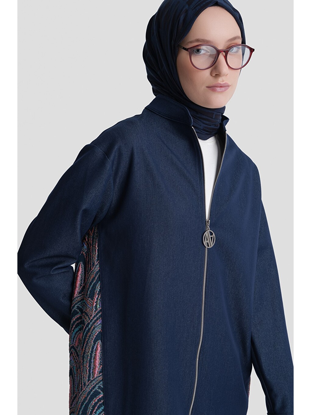 Desenli Denim Ceketli Takım Lacivert