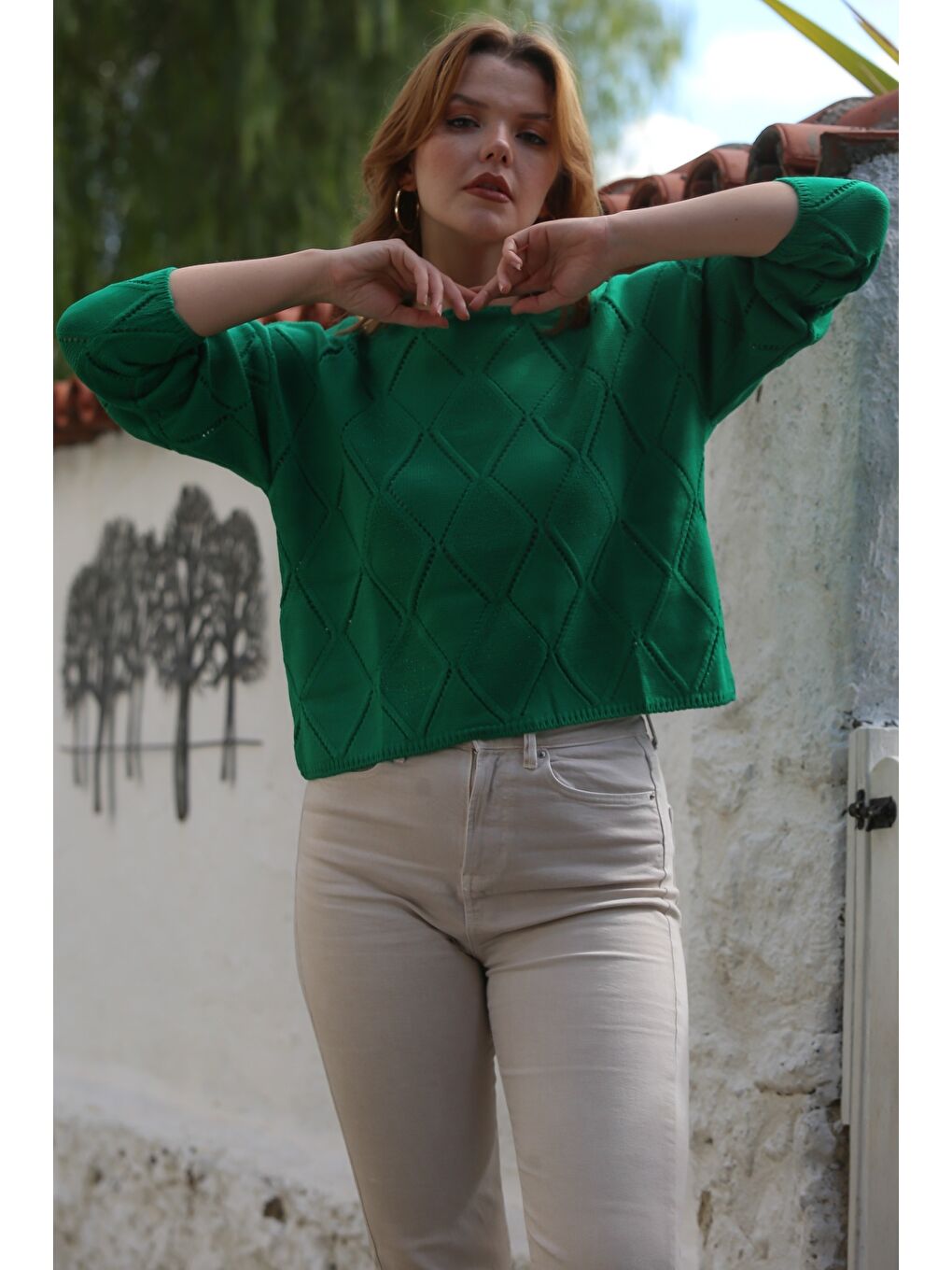 Yeşil Yuvarlak Yaka Uzun Kol Baklava Desenli Ajur Örgü Triko Kazak 55 62-7