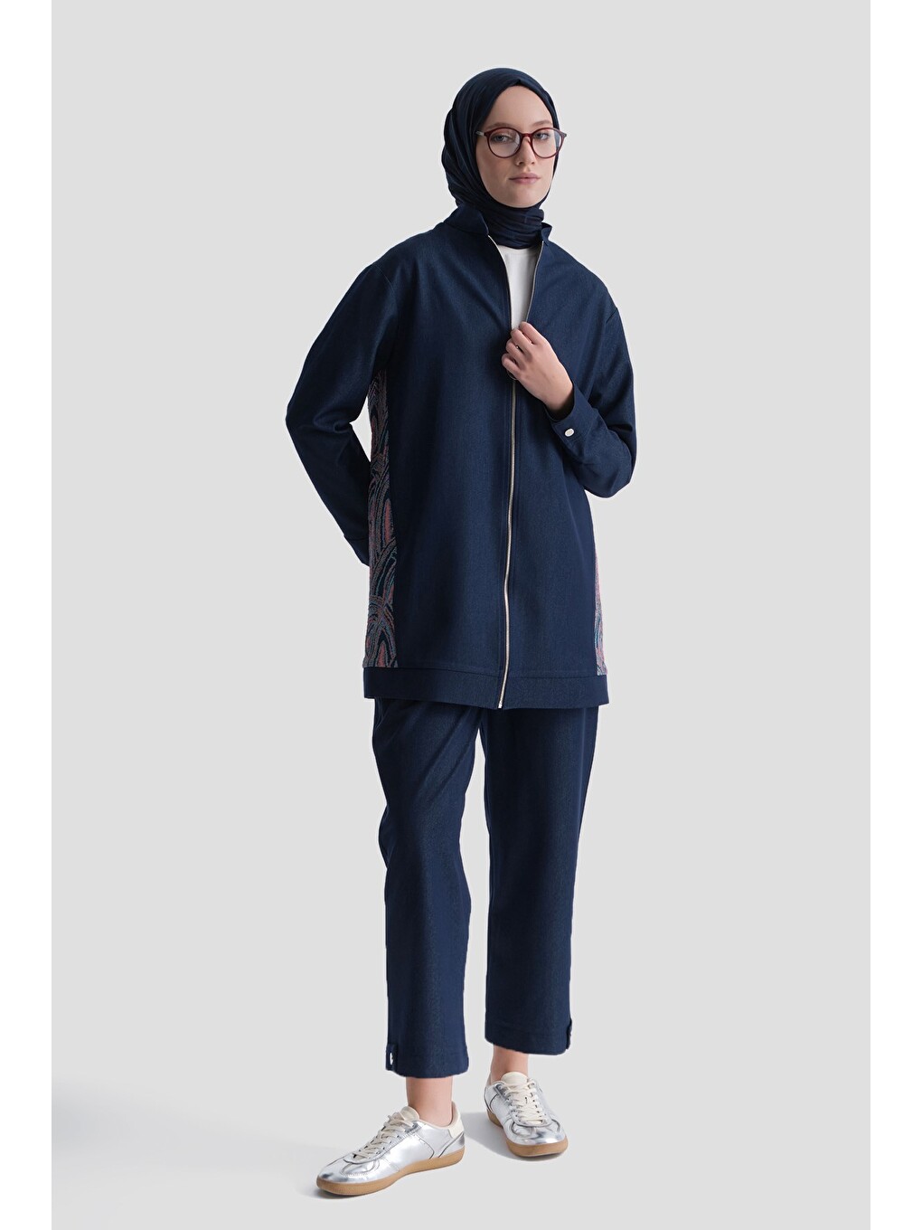 Desenli Denim Ceketli Takım Lacivert-1