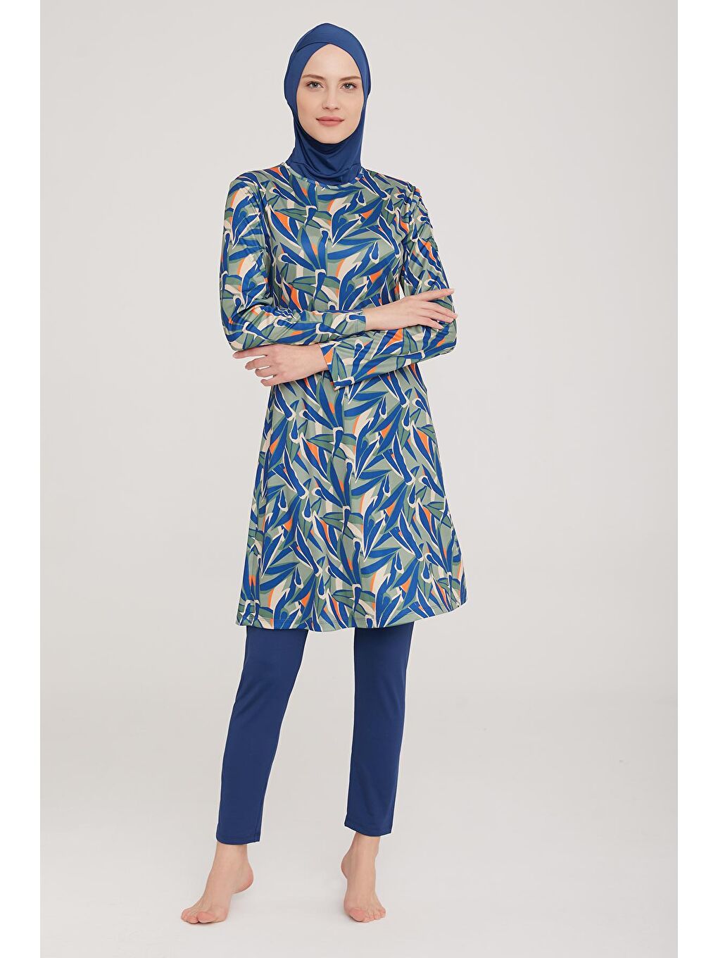 Elastanlı Tam Kapalı Tesettür Mayo Aleen 9029 Açık Lacivert-1