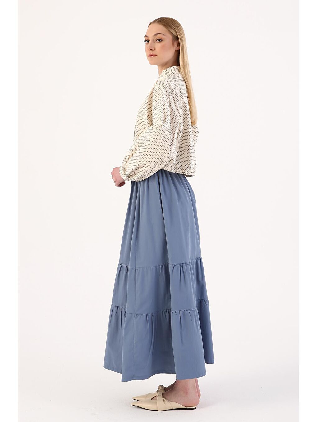 Mavi Gipe Detaylı Uzun Etek-3