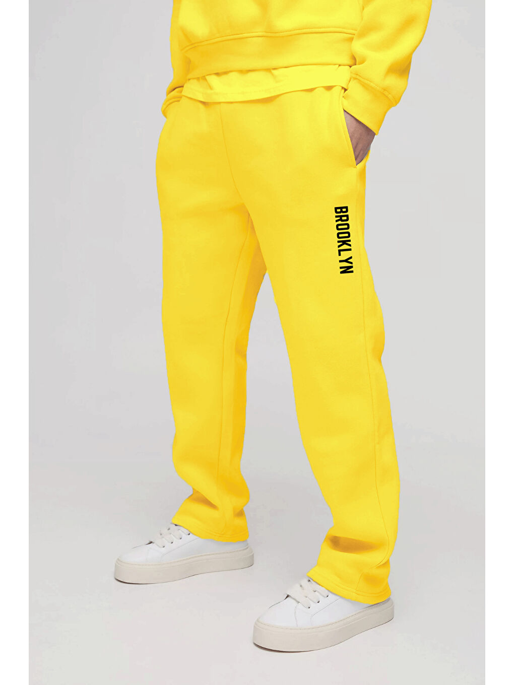 Sarı İçi Polarlı 3 İplik Kalın Brooklyn Baskılı Erkek Büyük Beden Eşofman Altı SPR25EA70