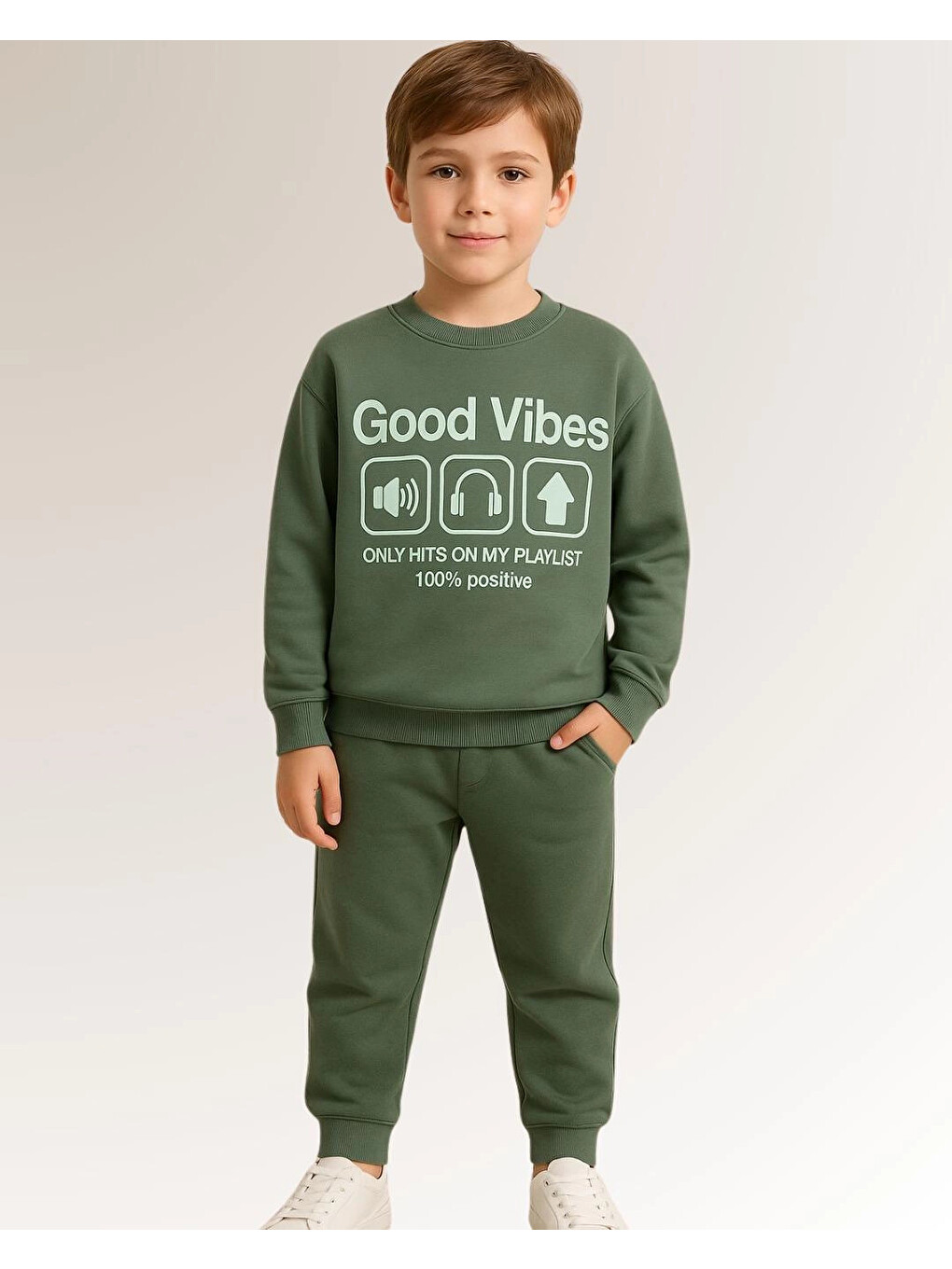 Haki Good Vibes Baskılı Erkek Çocuk Takım 20403