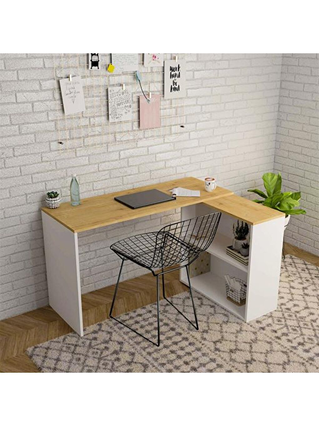 Kahverengi L Çalışma Masası - Safir Meşe / Beyaz-4