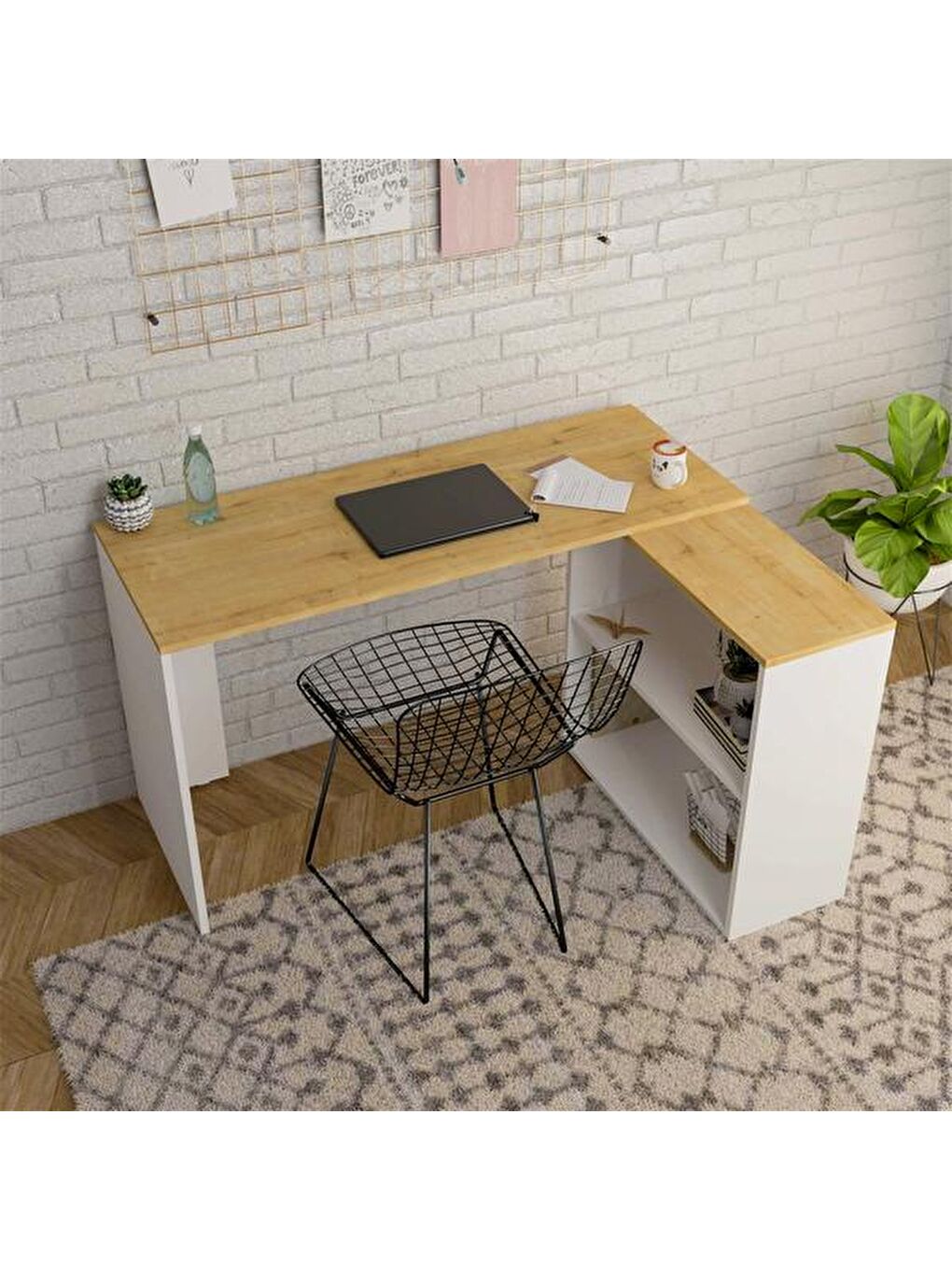 Kahverengi L Çalışma Masası - Safir Meşe / Beyaz-5