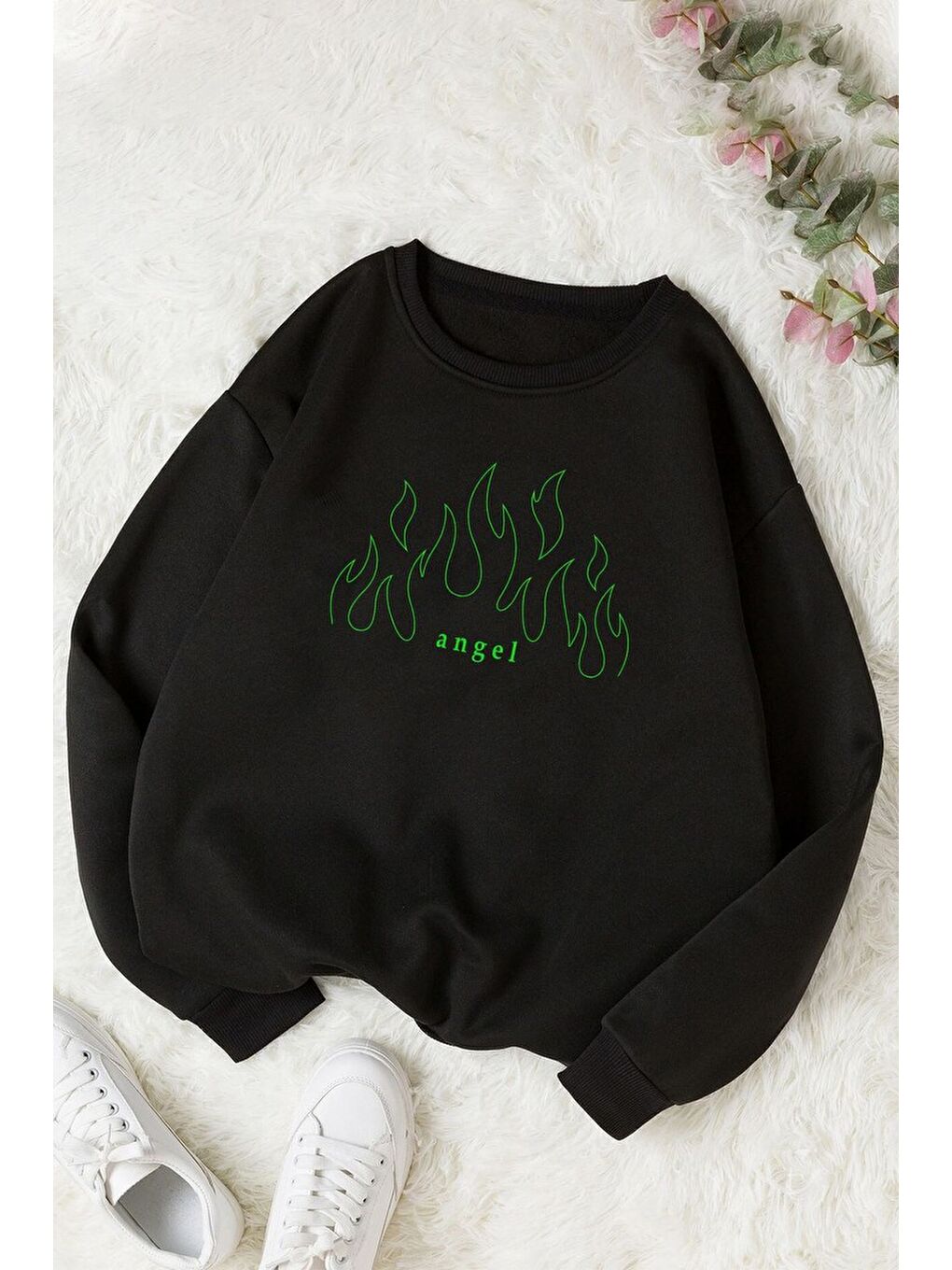 uyguntarz Siyah Unisex Green Angel Bisiklet Yaka Sweatshirt