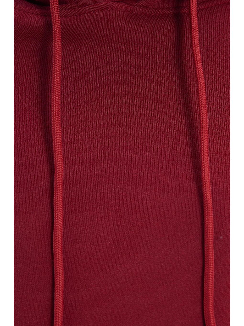 Kadın Relax Fit Rahat Kesim Pamuklu Kapüşonlu Kanguru Cepli Bordo Sweatshirt-6