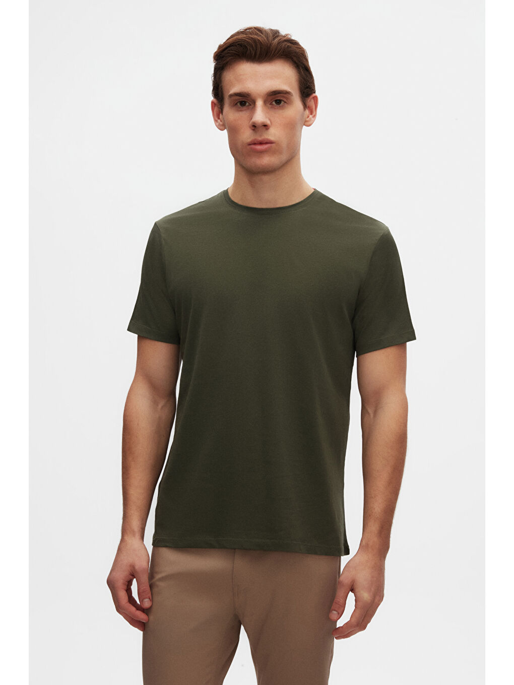 Slim Fit Haki Bisiklet Yaka %100 Pamuklu Nefes Alabilen Tişört