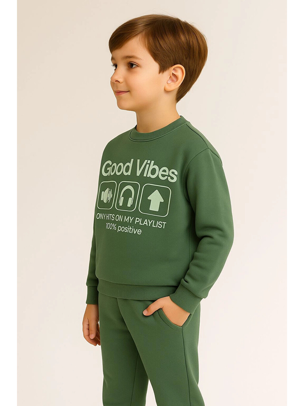 Haki Good Vibes Baskılı Erkek Çocuk Takım 20403-3