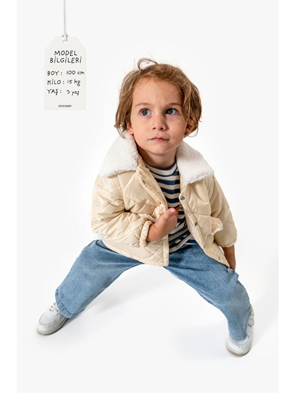Bej Çizgili Sweatshirt ve Kapitone Montlu 3’lü Bebek Takımı 8171-1