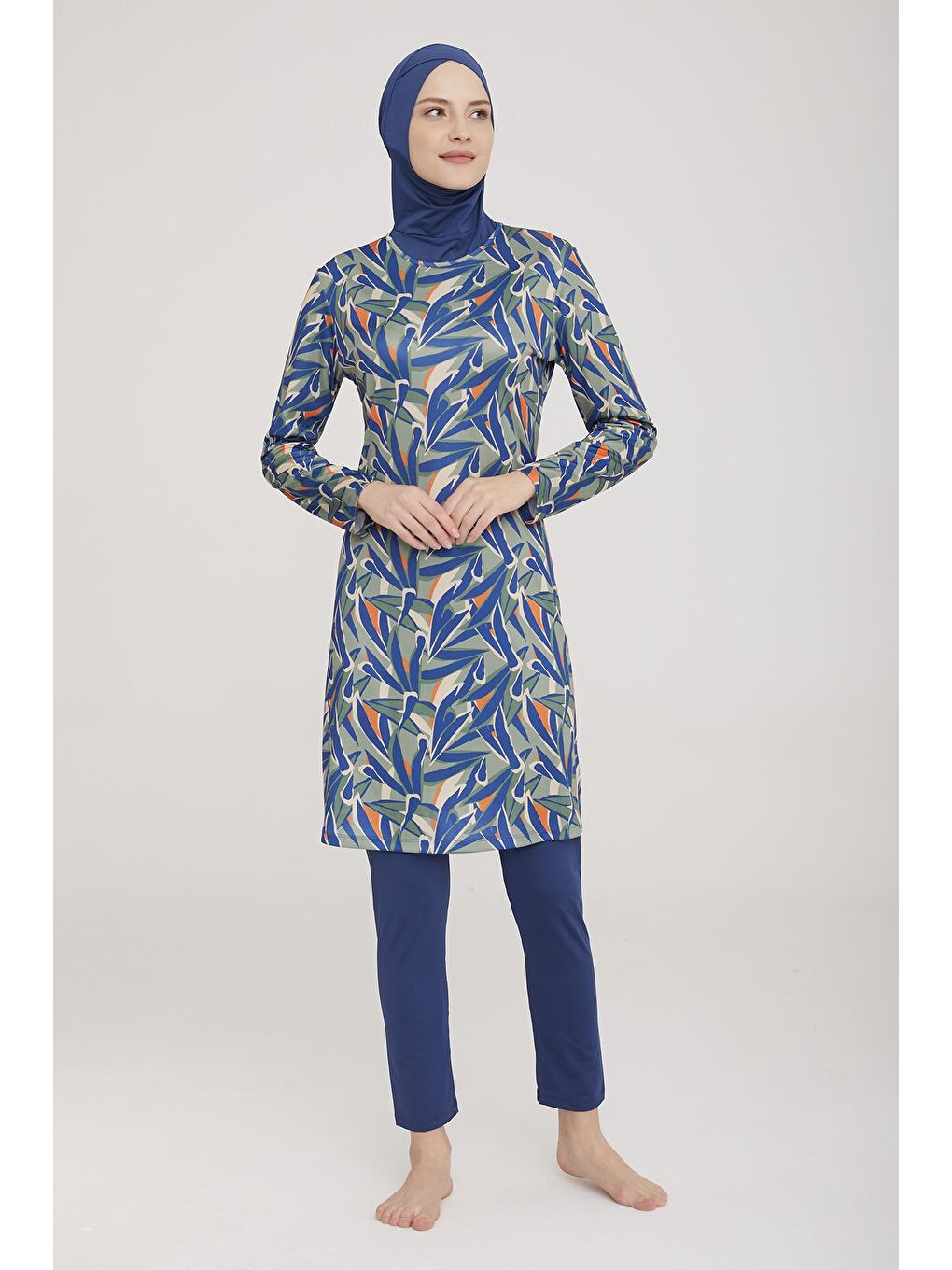 Elastanlı Tam Kapalı Tesettür Mayo Aleen 9029 Açık Lacivert-4