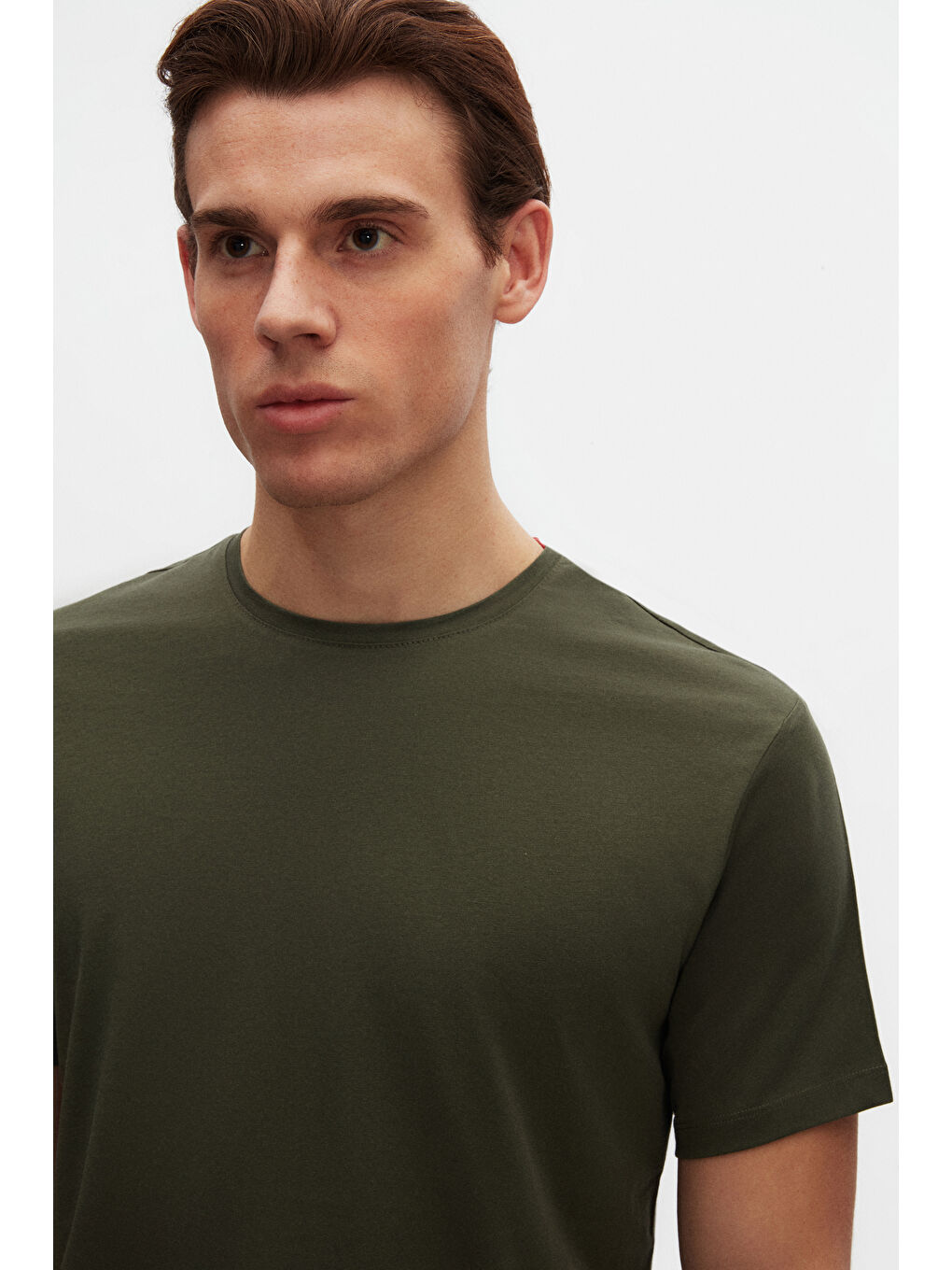 Slim Fit Haki Bisiklet Yaka %100 Pamuklu Nefes Alabilen Tişört-1