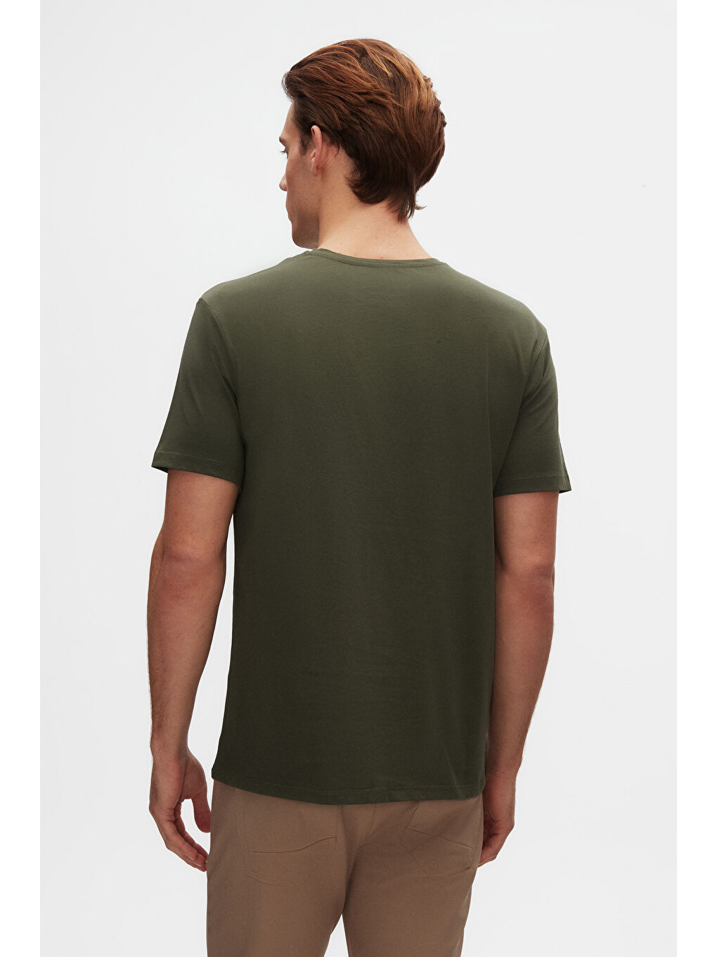 Slim Fit Haki Bisiklet Yaka %100 Pamuklu Nefes Alabilen Tişört-2