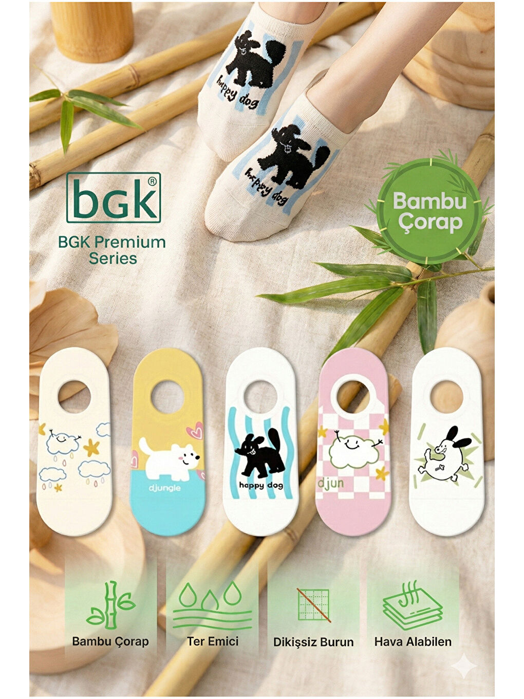 Karışık 5 Çift Bambu Desenli Kadın Babet Çorap (Dikişsiz) Premium
