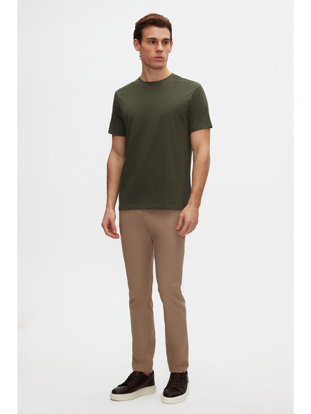 Slim Fit Haki Bisiklet Yaka %100 Pamuklu Nefes Alabilen Tişört-3