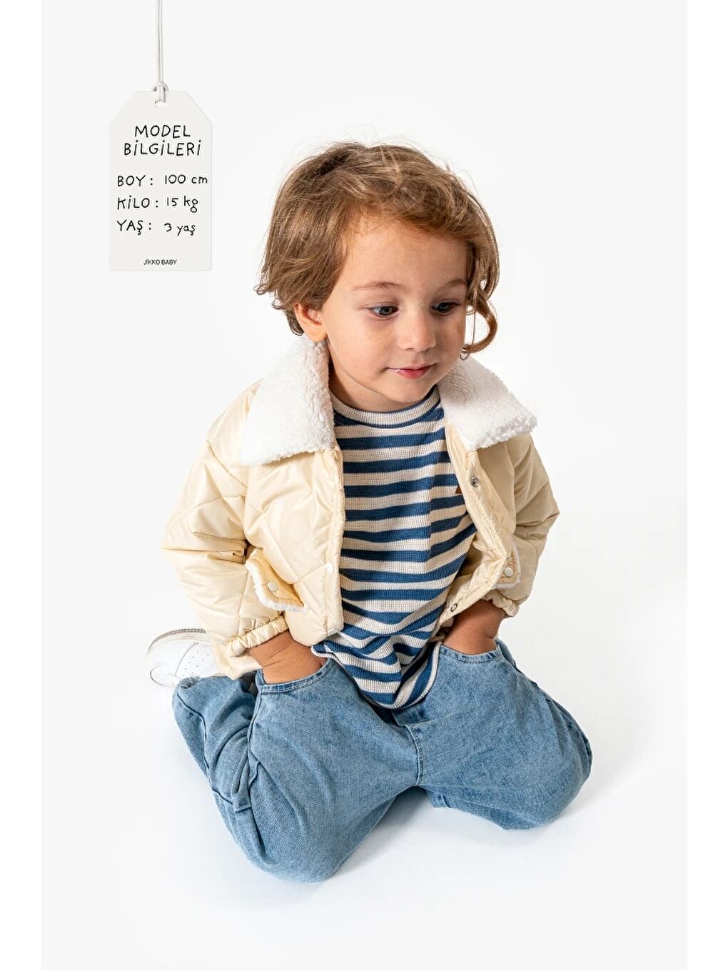 Bej Çizgili Sweatshirt ve Kapitone Montlu 3’lü Bebek Takımı 8171-2