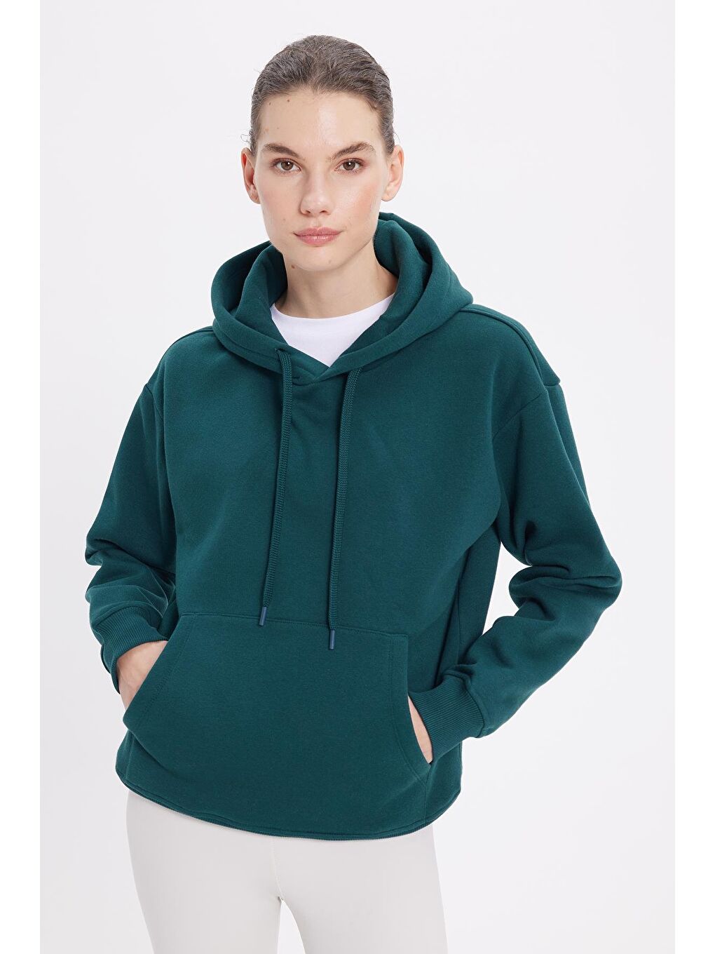 Kadın Oversize Geniş Kesim Pamuklu Yumuşak Dokulu İçi Polarlı Basic Yeşil Kapüşonlu Sweatshirt
