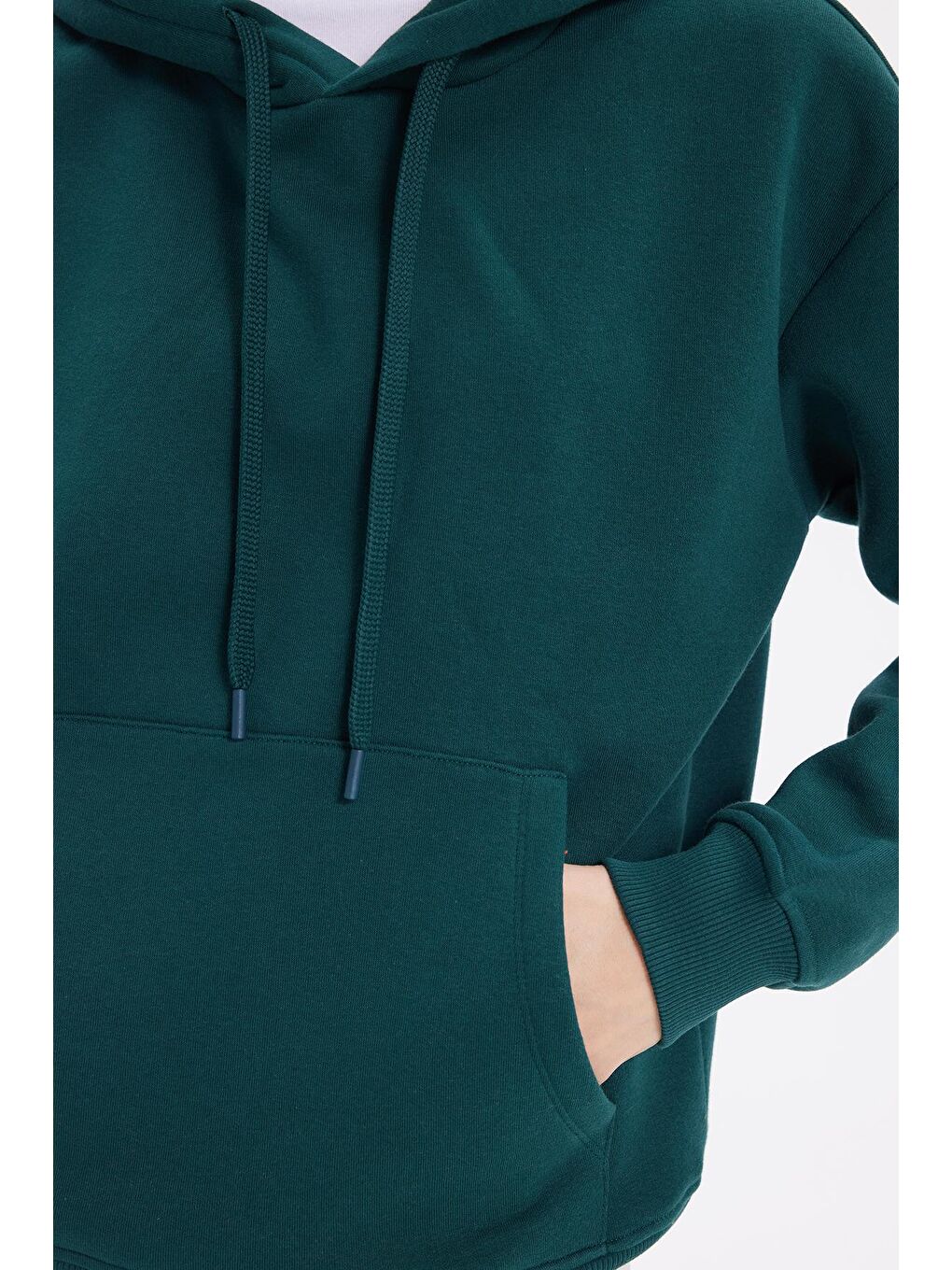 Kadın Oversize Geniş Kesim Pamuklu Yumuşak Dokulu İçi Polarlı Basic Yeşil Kapüşonlu Sweatshirt-2