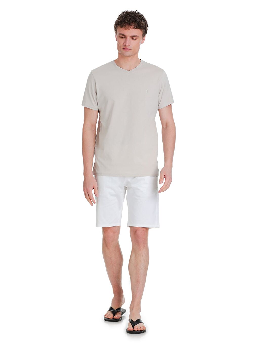 Bej Taş Regular Fit 100% Pamuk V Yaka Tişört-1