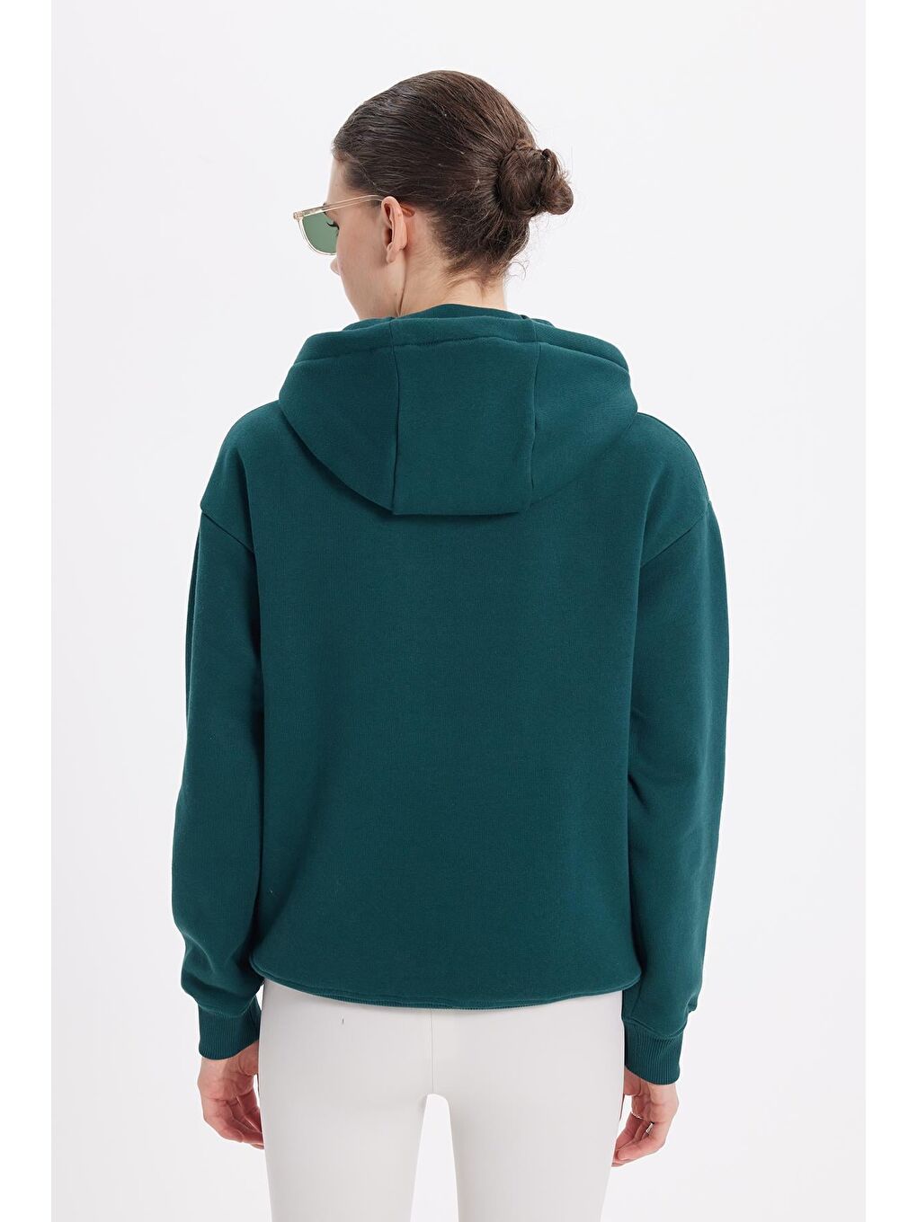 Kadın Oversize Geniş Kesim Pamuklu Yumuşak Dokulu İçi Polarlı Basic Yeşil Kapüşonlu Sweatshirt-6