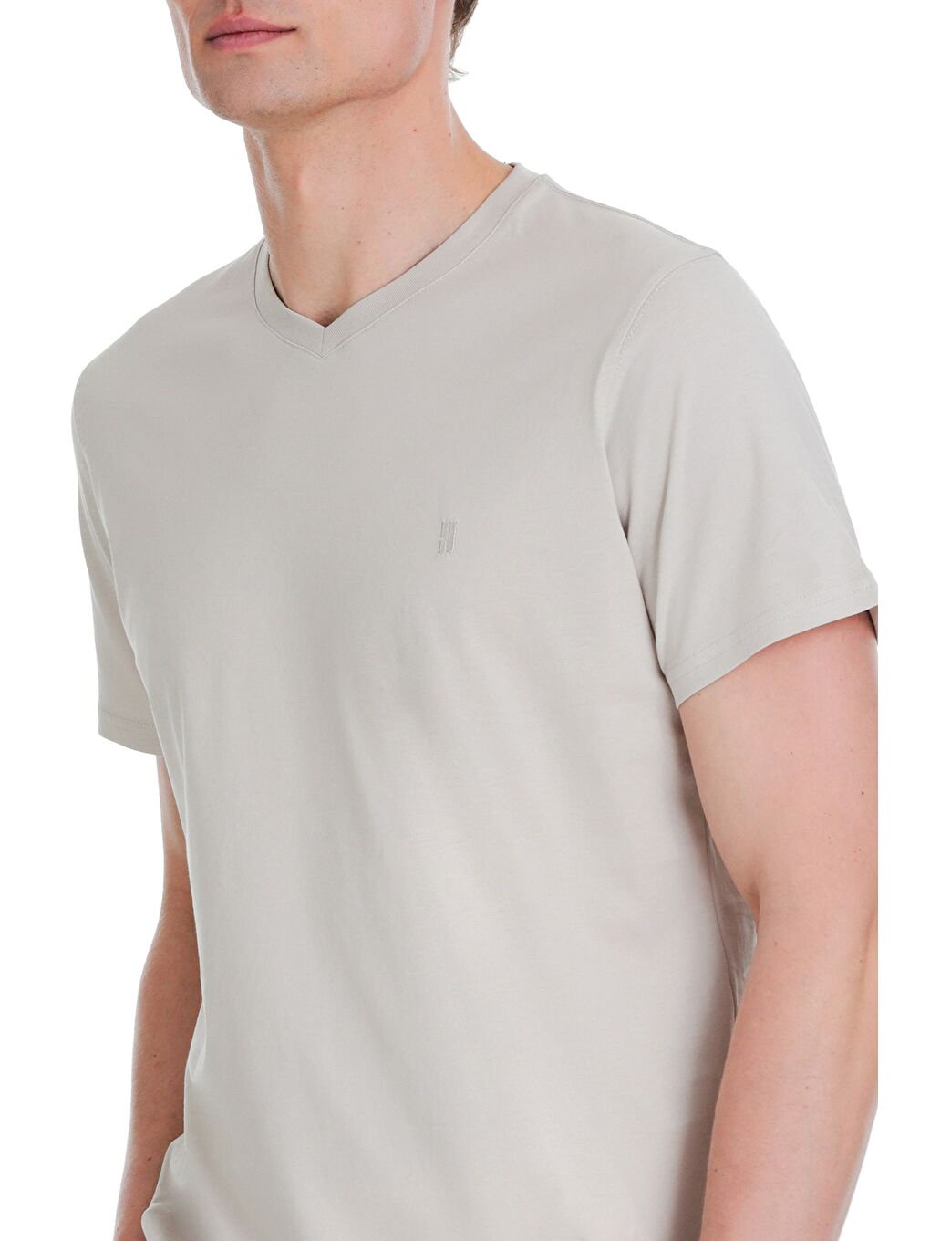 Bej Taş Regular Fit 100% Pamuk V Yaka Tişört-3