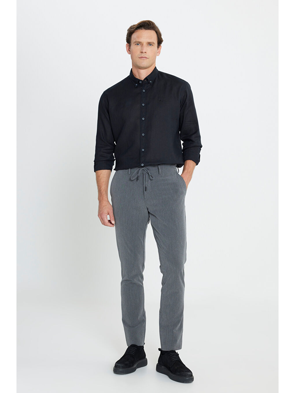 Erkek Antrasit Slim Fit Dar Kesim Yan Cepli Desenli Beli Lastikli Pantolon