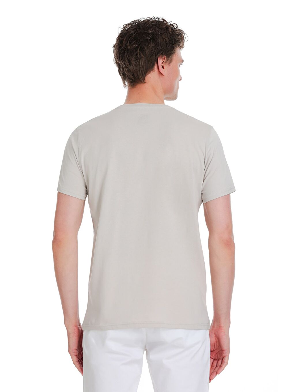 Bej Taş Regular Fit 100% Pamuk V Yaka Tişört-4