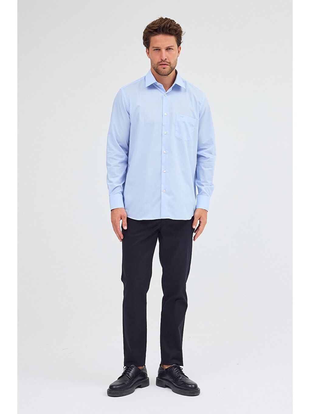 Açık Mavi Sert Yaka Uzun Kol Easy To Iron Comfort Fit Pamuklu Gömlek 1004255300-1