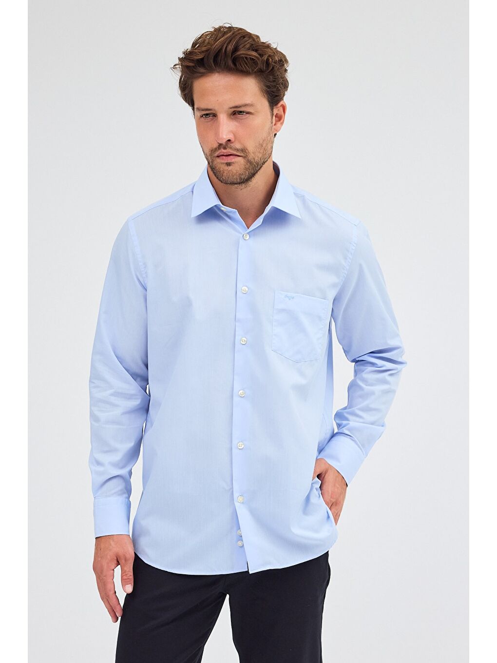 Açık Mavi Sert Yaka Uzun Kol Easy To Iron Comfort Fit Pamuklu Gömlek 1004255300-2