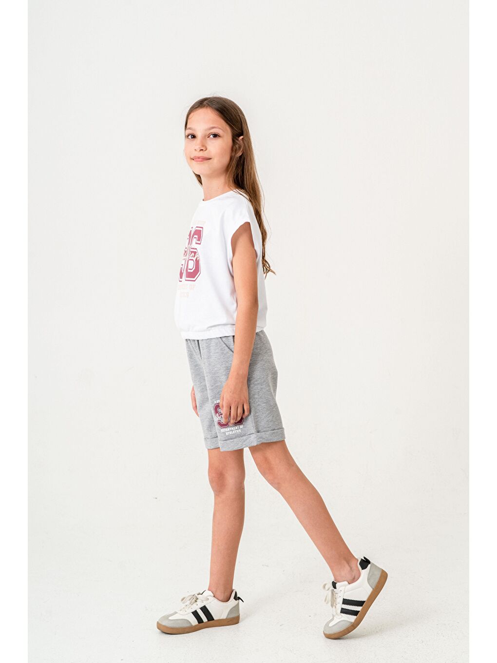 Beyaz 96 Girls Team Department Of Athletics Baskılı  Kız Çocuk Şort - Tişört Takımı-2