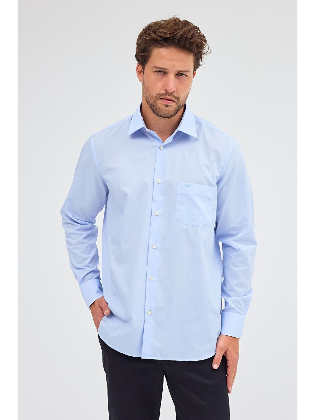 Açık Mavi Sert Yaka Uzun Kol Easy To Iron Comfort Fit Pamuklu Gömlek 1004255300-3