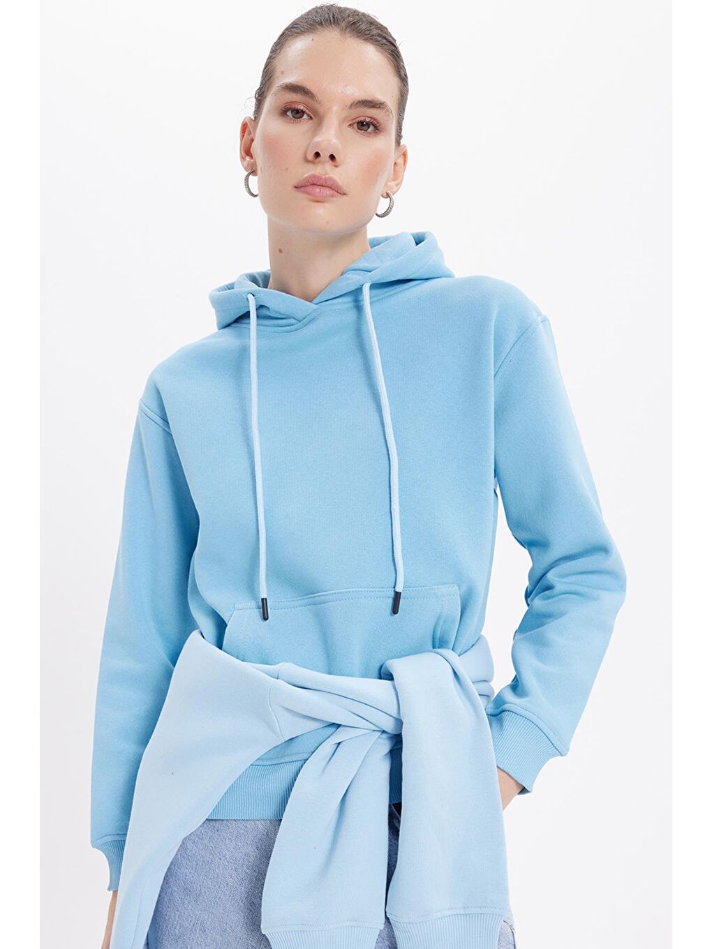 Kadın Relax Fit Rahat Kesim Pamuklu Kapüşonlu Kanguru Cepli Mavi Sweatshirt