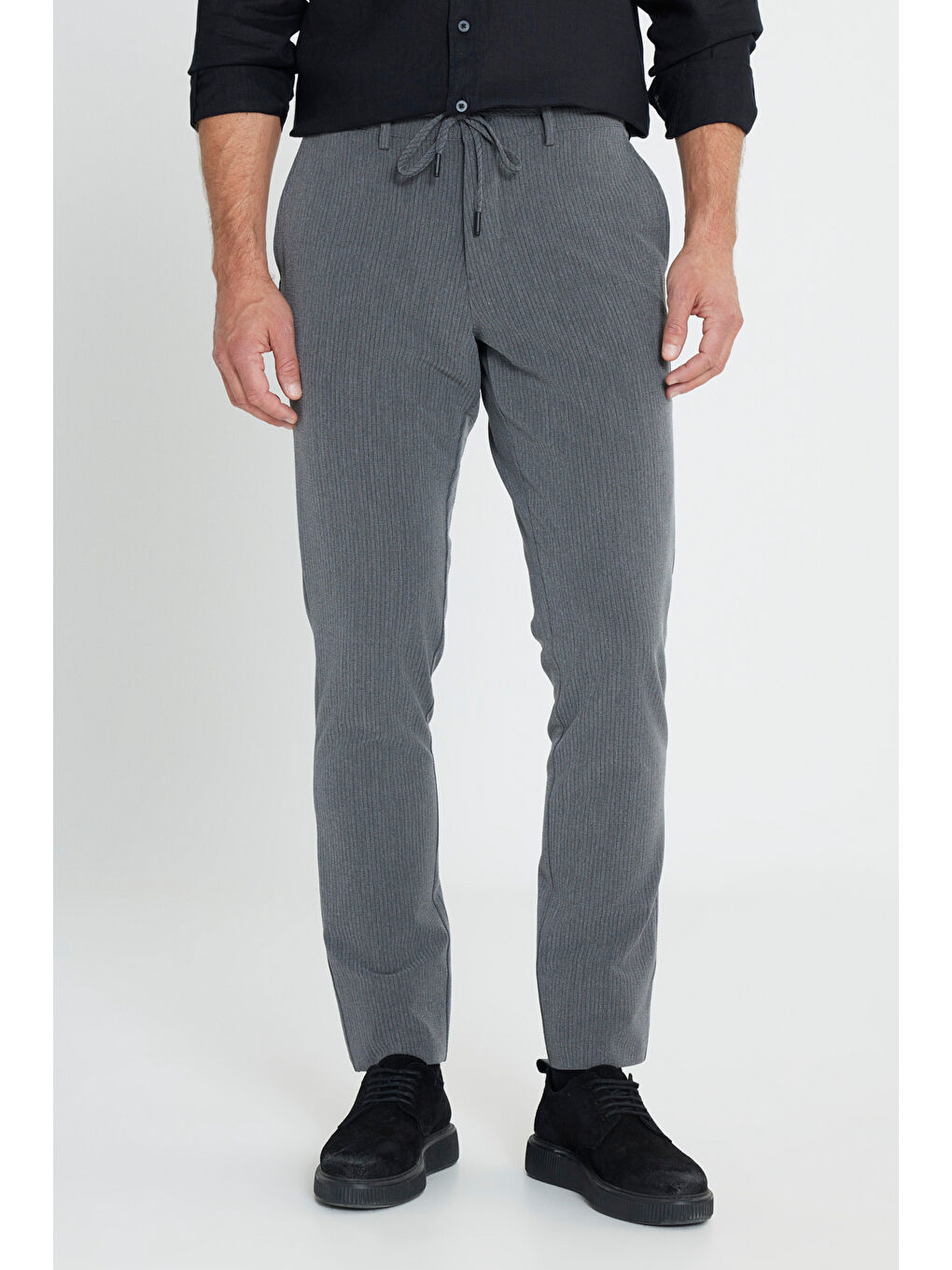 Erkek Antrasit Slim Fit Dar Kesim Yan Cepli Desenli Beli Lastikli Pantolon-1
