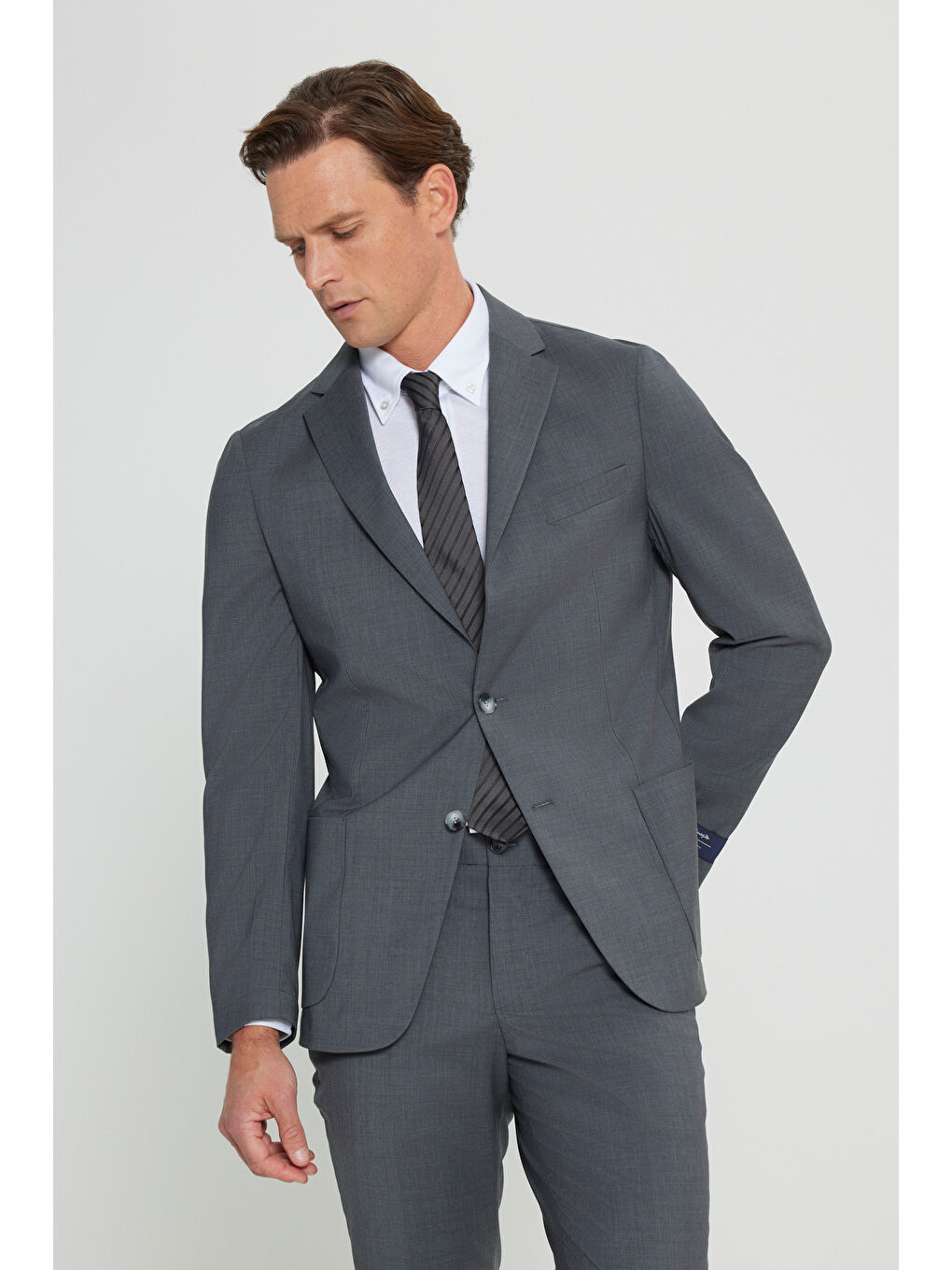 Erkek Gri Slim Fit Dar Kesim Mono Yaka %100 Yün Takım Elbise