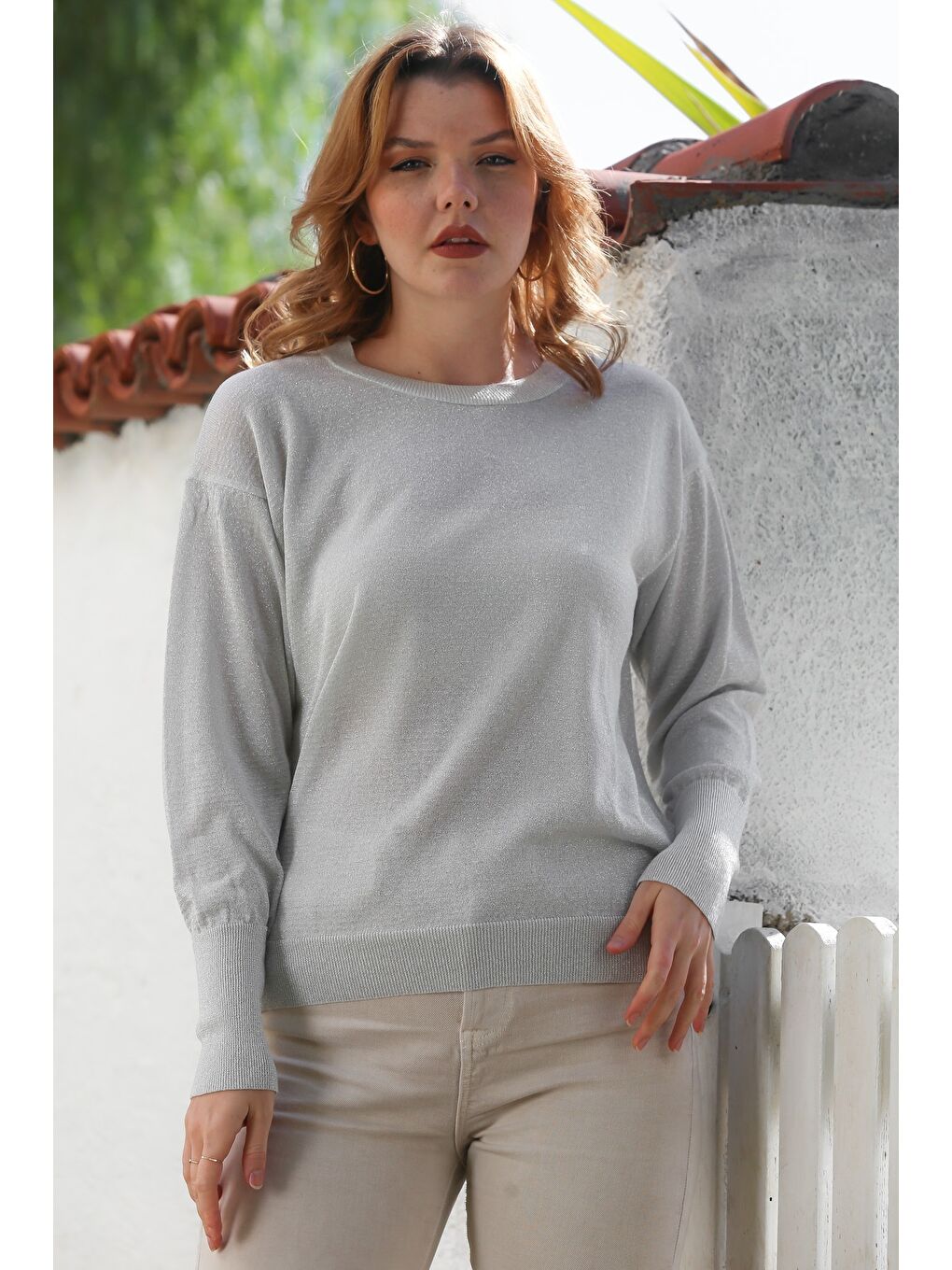 Yeşil Mint Yuvarlak Yaka Uzun Kol İnce Simli Triko Kazak 65 62