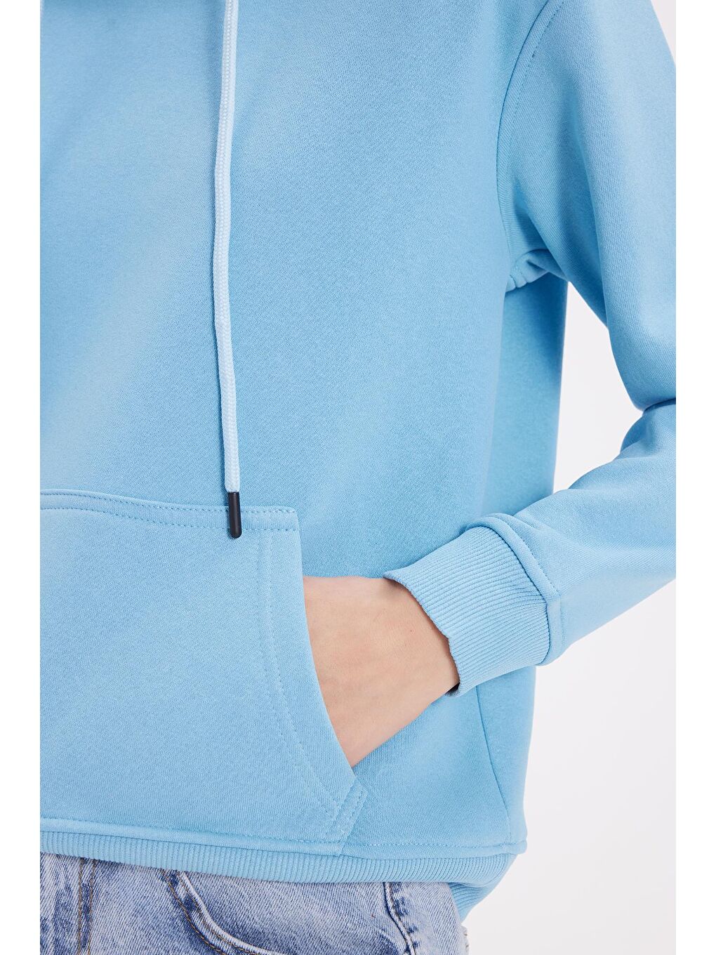 Kadın Relax Fit Rahat Kesim Pamuklu Kapüşonlu Kanguru Cepli Mavi Sweatshirt-2